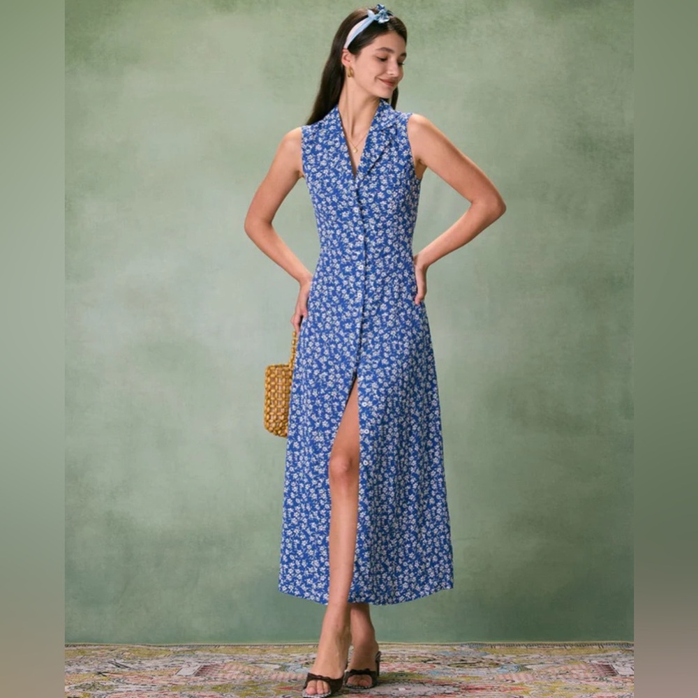 NWT RIHOAS The Blue Collared Button-up Floral Maxi Dress Sz S, M.
